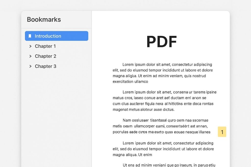 PDF preview with highlighted page numbers and bookmarks